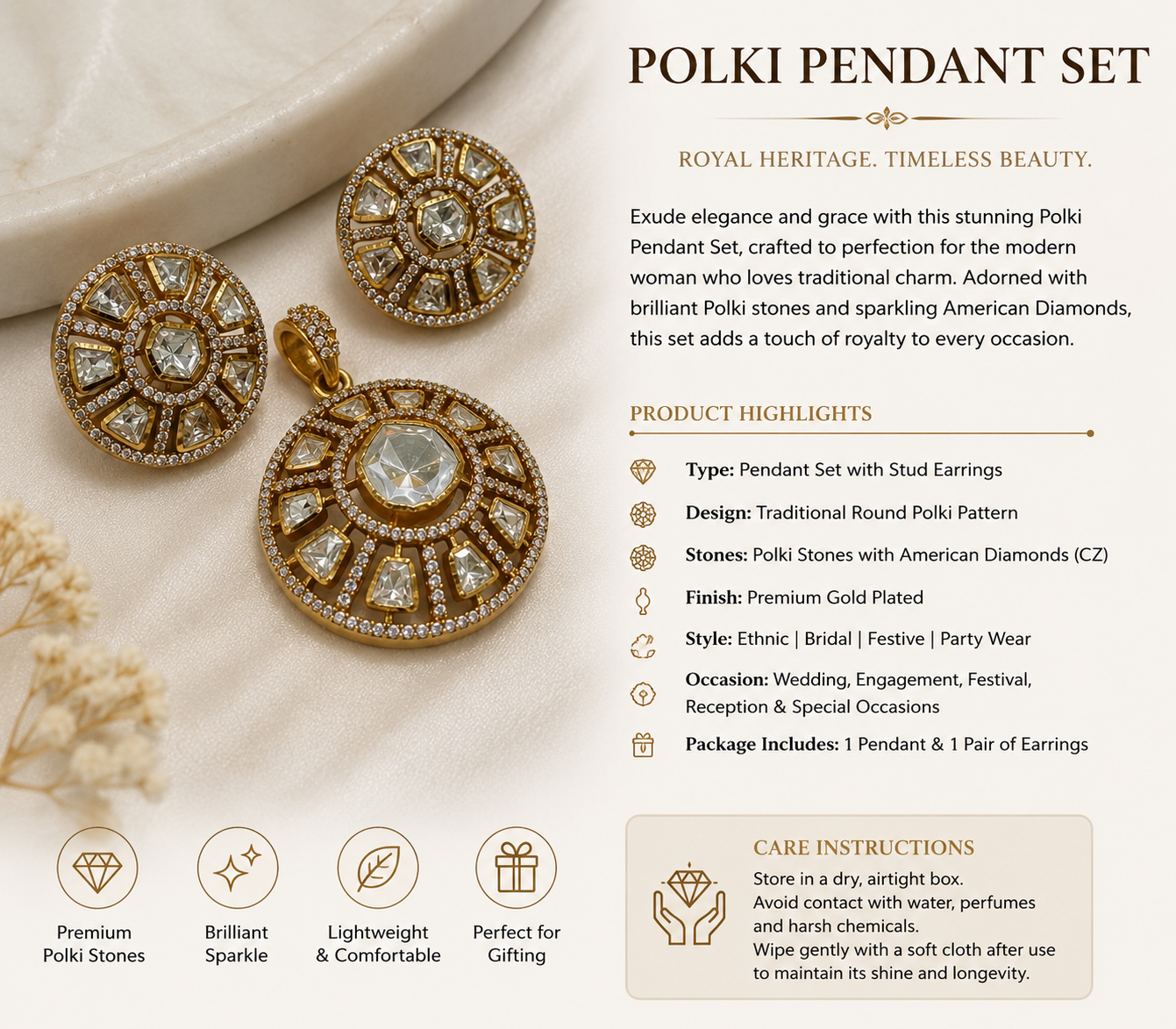 Elegant Polki Pendant Set – Timeless Bridal Elegance - Image 2