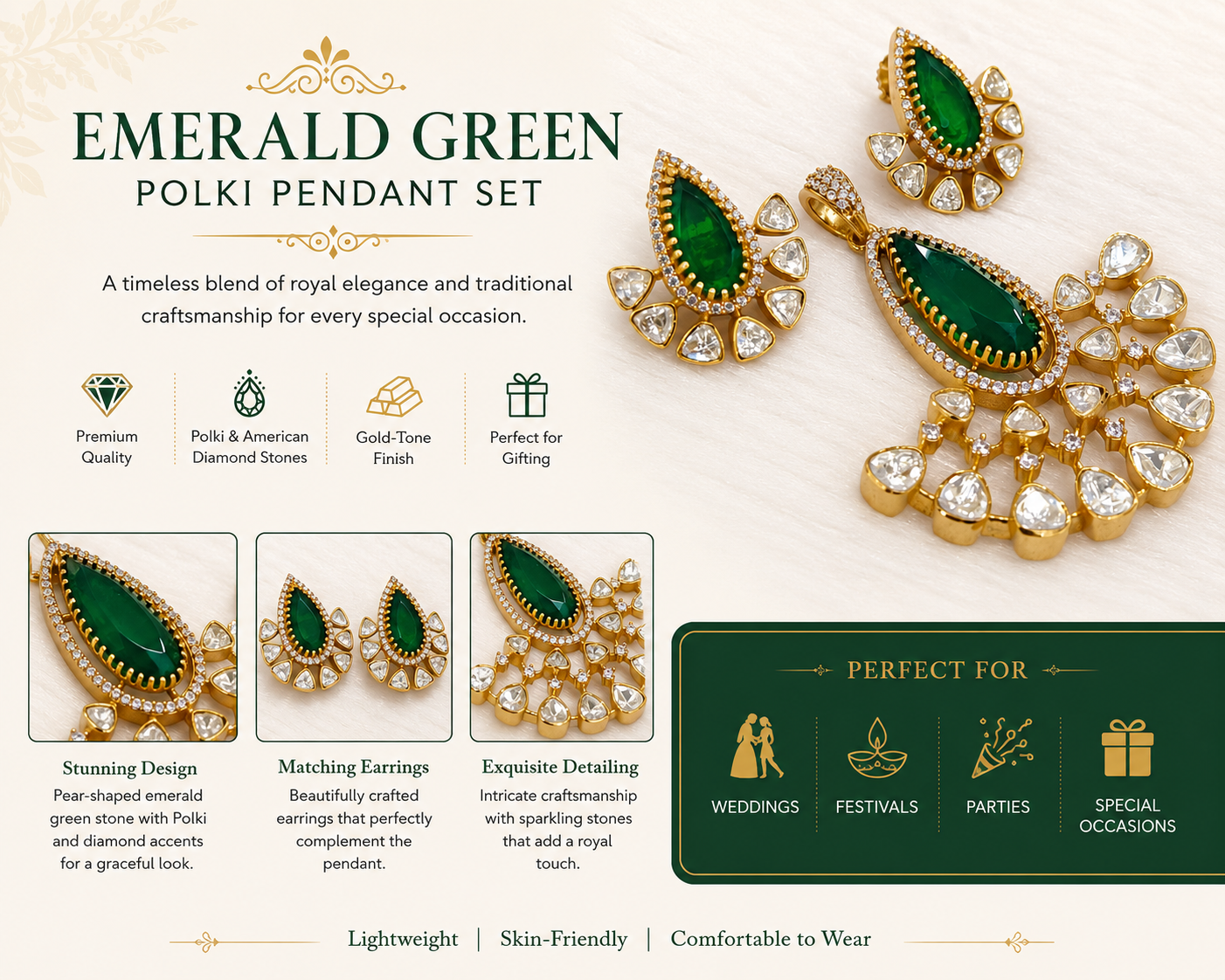 Emerald Green Polki Pendant Set - Image 2